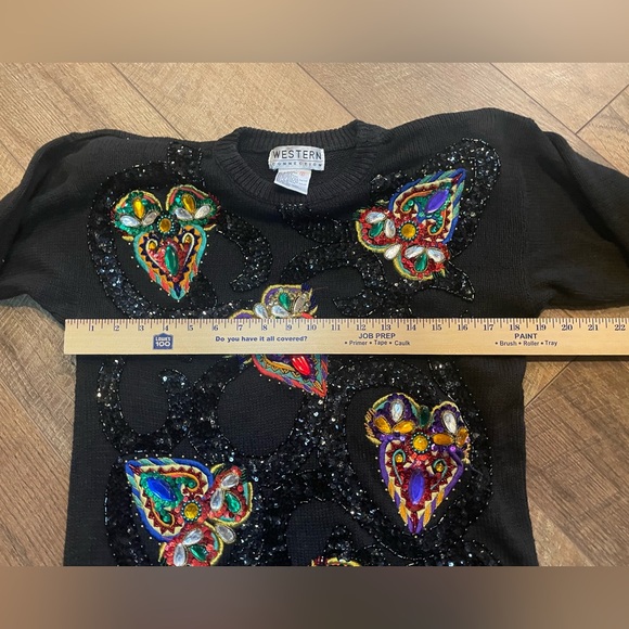 Vintage Western Connection Sequin Beaded Heart Sweater Black Ramie Cotton Size S - Picture 6 of 10